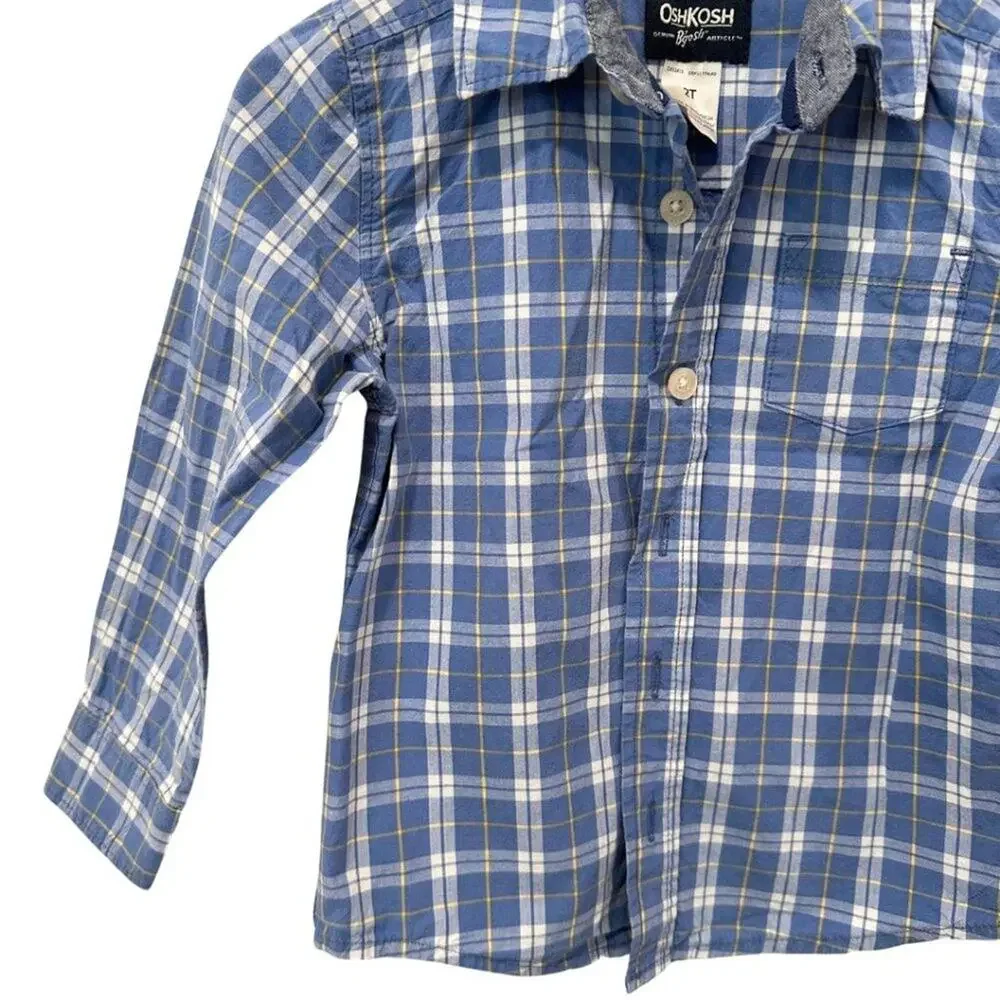 OshKosh B'gosh Long Sleeve Button Down Plaid Shirt White, Blue 2T